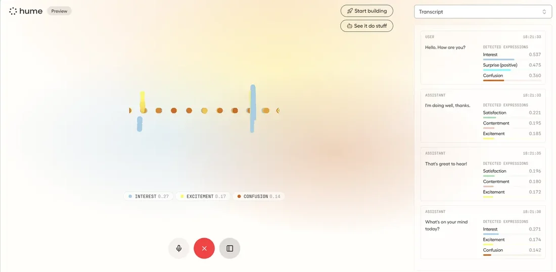 Visual for this record: Hume's voice interface says it measures expression, not emotion