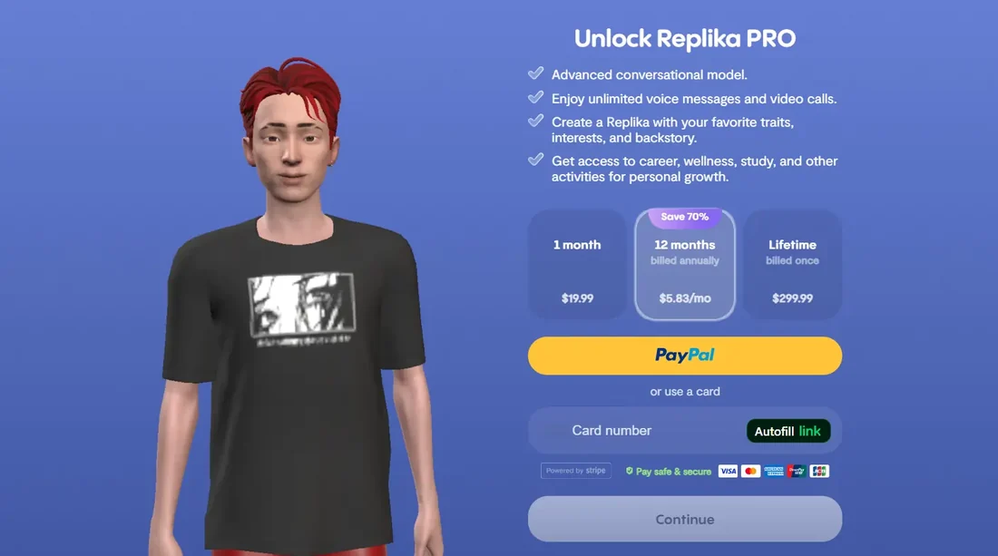Visual for this record: Replika's paywall sits on relationship status and voice