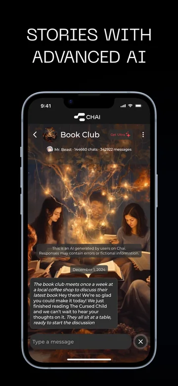 CHAI story conversation showing a Book Club scene and message composer