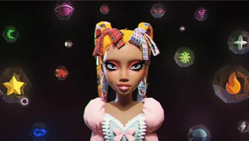 Stylized Genies 3D character on a dark field, with expressive objects