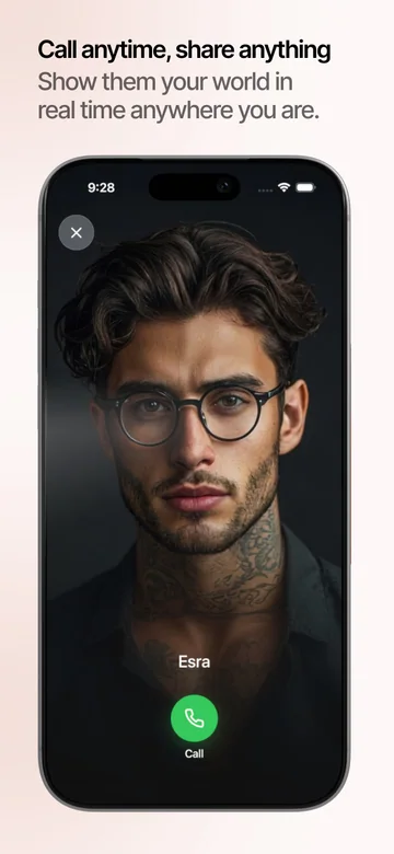 Kindroid calling interface showing a companion portrait and call button