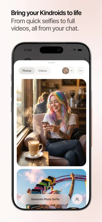 Kindroid chat media panel with photo and video tabs