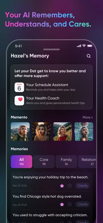 Paradot memory interface with mementos and categorized memories